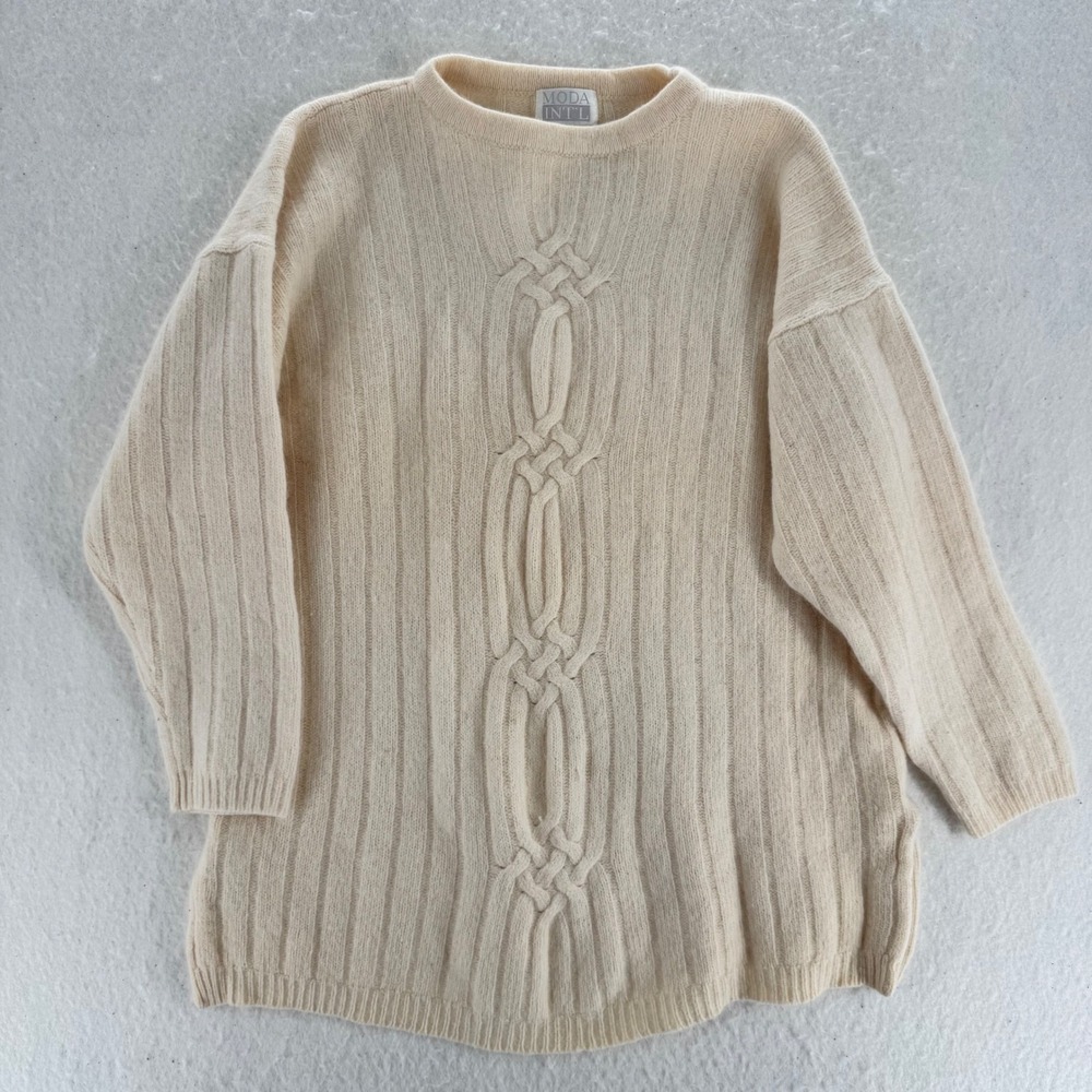 Moda Int'l - VTG Cable Knit Angora Lambswool Sweater - Cream - L - Womens